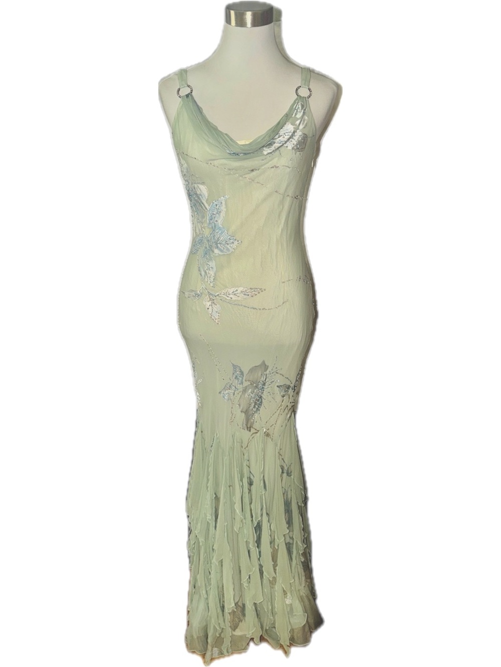 Diane Freis Vintage Hand Beaded Floral Ruffle Sage Green Pastel Maxi Dress